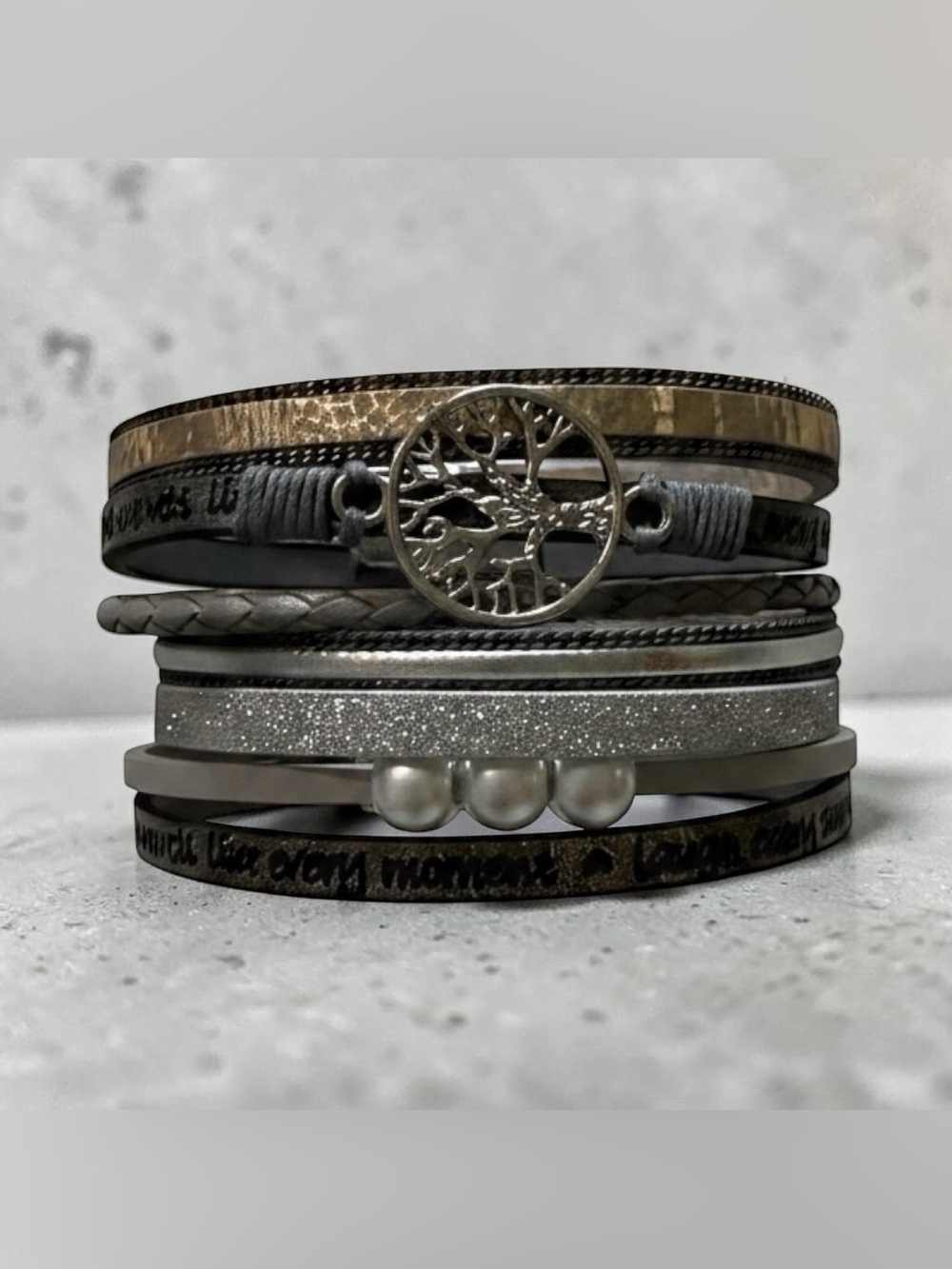 Layered Tree of Life Multi-Strand Bracelet in Metallic Gray and Silver
